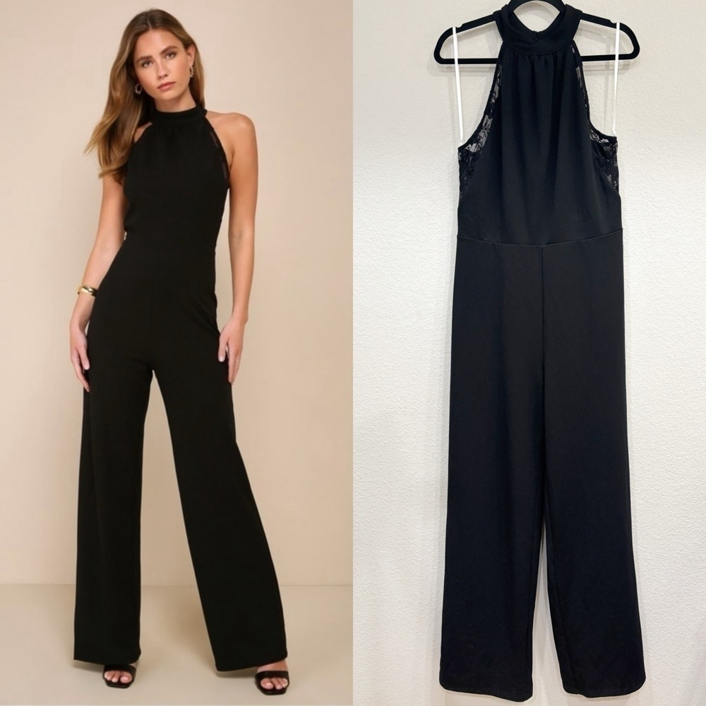 NWOT‎ Lulus Sincerely Lovely Black Backless Embroidered Wide-Leg Jumpsuit